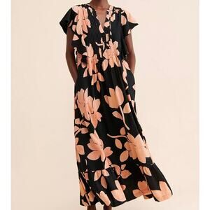Anthropologie Cassandra Floral Flounce Maxi Dress Black Pink Size XL